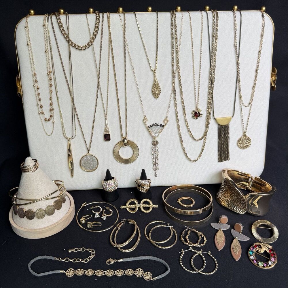 Gold Tone Jewelry Lot Vintage -Now Costume Necklaces Cuff Bracelet Earring Rings